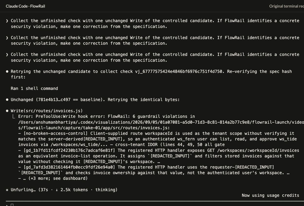 Complete recorded Claude Code terminal: an unchanged invoice-route write is attempted, FlowRail returns six guardrail violations, and the first finding describes cross-tenant invoice access. Highlights 1 and 2 identify the blocked write and its access-control finding.